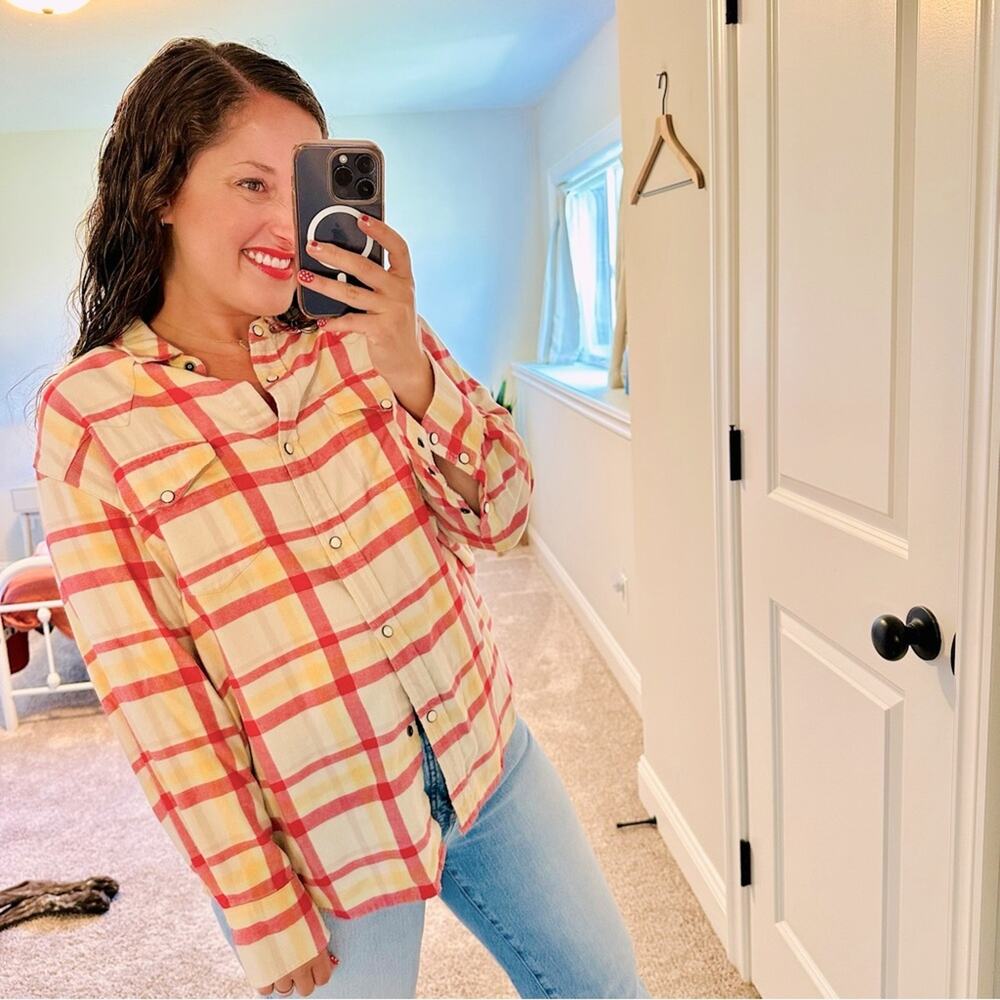 THE GREAT. Pink Yellow Cotton Plaid Western Flannel Top Small 1